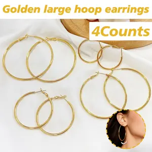 Women's 4 Counts Silver Gold Hoop Earrings Set, Flexible Clasp for Easy Wear