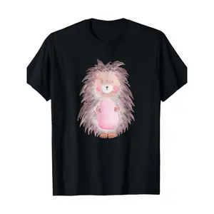 1 Watercolor Porcupine Cartoon Print T-Shirt - 100% Cotton Crew Neck Tee, Casual Loose Fit Short Sleeve Shirt for All Seasons, Shiny Textured Knit Sweater, Regular Length - Unique