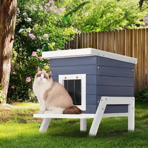 Petsfit Cat House Outdoor, Insulated High Feet + Feeding Station +Door Curtain, Wood Outside Cat House, Bunny Rabbit Hutch