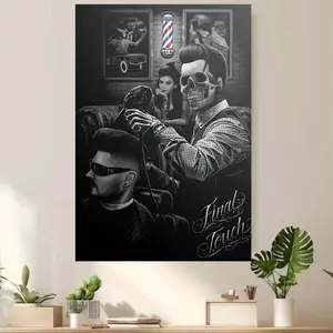 2D Flat Print Frameless, Unframed Art Print, Decorative Artwork Vintage Wall Art Depicting a Retro Barber Shop Scene Featuring a Skull Barber and Customer Monochrome Vintage Illustration Available in 29.97X39.88cm or 39.88X59.94cm Suitable for Home Office