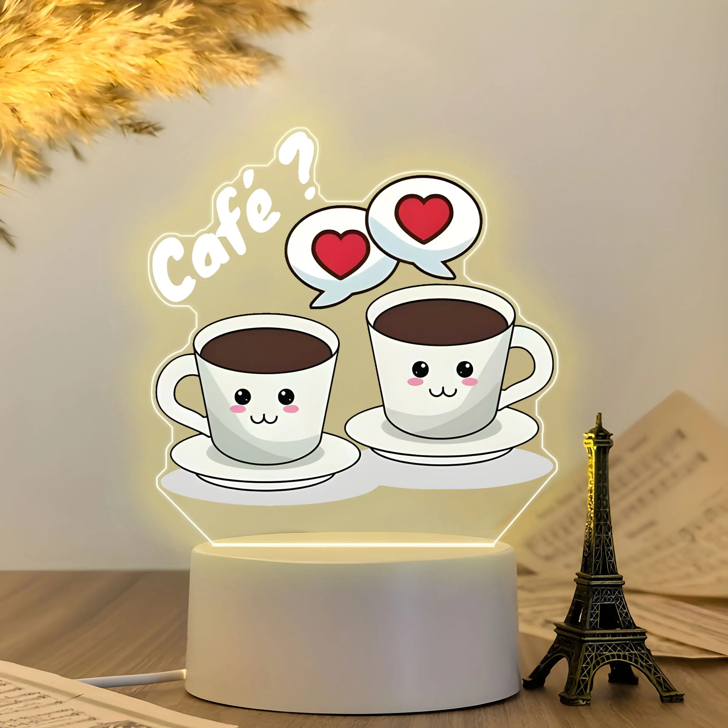 Acrylic Material Decorative Night Light, Coffee Cup Heart Pattern, USB Powered Warm Light, Perfect for Cafes and Kitchen Table Decoration, Home Decoration Lamp, Decorative Ambiance Lighting