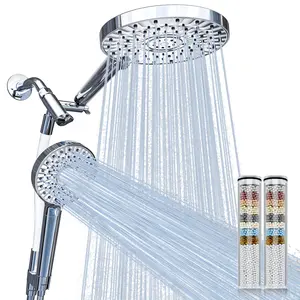 Magichome Filtered Shower Head Handheld Mother-Child Large Arm Combo, High Pressure 10-Spd Detachable Chrome Showerhead w/Stainless Hose, Water Softener Beads Hard Water - Remove Chlorine, Sliver tandem