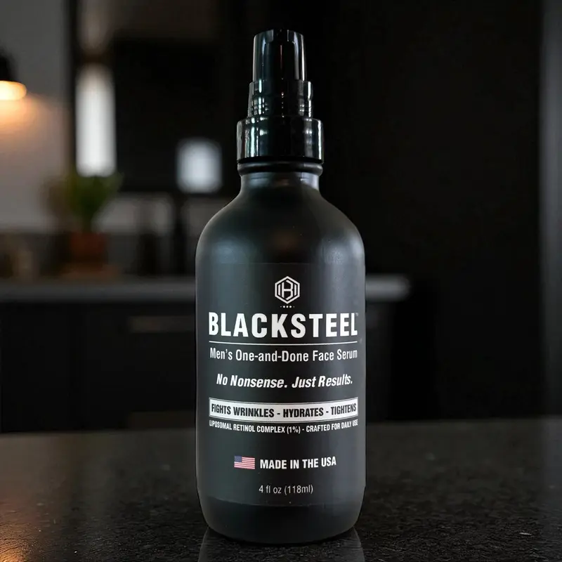 BLACKSTEEL™ Men’s 4 oz 1-and-Done Face Serum, Gentle Daily Formula with Hyaluronic Acid, Green Tea, Retinol for Dry Skin Repair