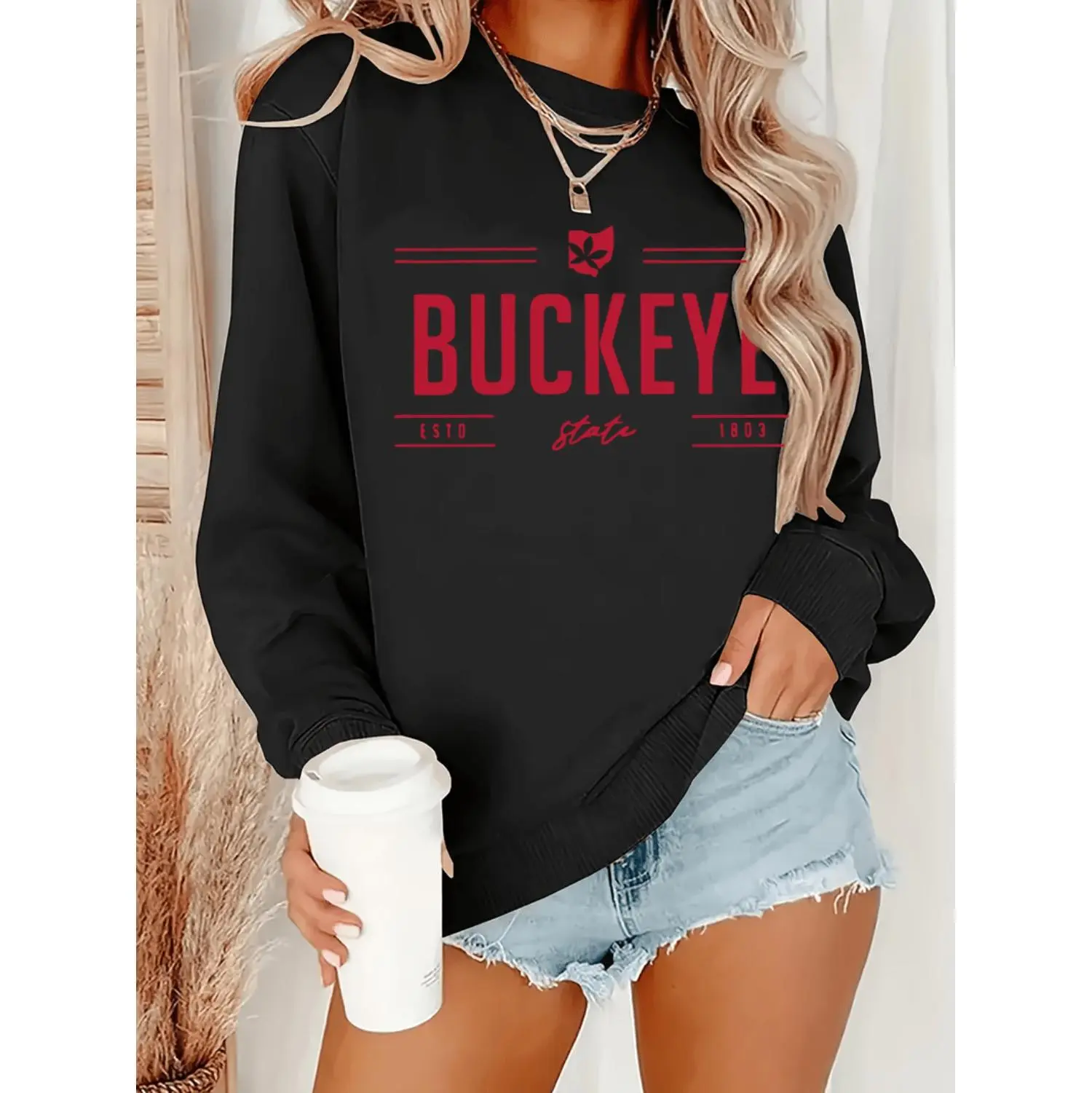 Women's Pullover Sweatshirt - Casual Buckeye State Graphic, Sporty Chic Cotton Blend Crewneck with Moisture Wicking for Outdoors, Tops, Loose Fit, Round Neck, Athletic-Fitting, Crew Neck, Lightweight