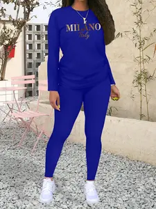 MILANO Women's Milano Letter Print Casual Sportswear Set, Long Sleeve Top & Tight Pants, Fashionable Plain Pattern, Fall&winter Leggings Tracksuit Set