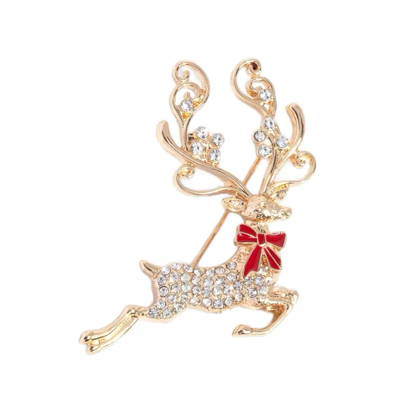 Reindeer Games Gold Brooch with Red Bow White Rhinestone-Embellished Antlers Christmas Inspired Chic Display 2 1/2" Length 1 1/2" Width