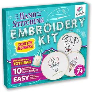Embroidery Sewing Kit for Beginners,  Craft Kit  for Girls Boys Ages 8-12, 10 Projects, Embroidery Hoops, Fabric, Patterns, Floss, , Needlepoint Cross Stitching Supplies