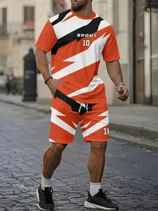 Orange and White Lightning No. 10 3D Digital Printing Two-Piece Set, 2Pcs, Trendy and Fashionable Set, Trendy Retro Casual Two-Piece Set, Vacation-style Trendy Outfit, Breathable Sports and Casual Style, a Perfect Holiday Gift for Men