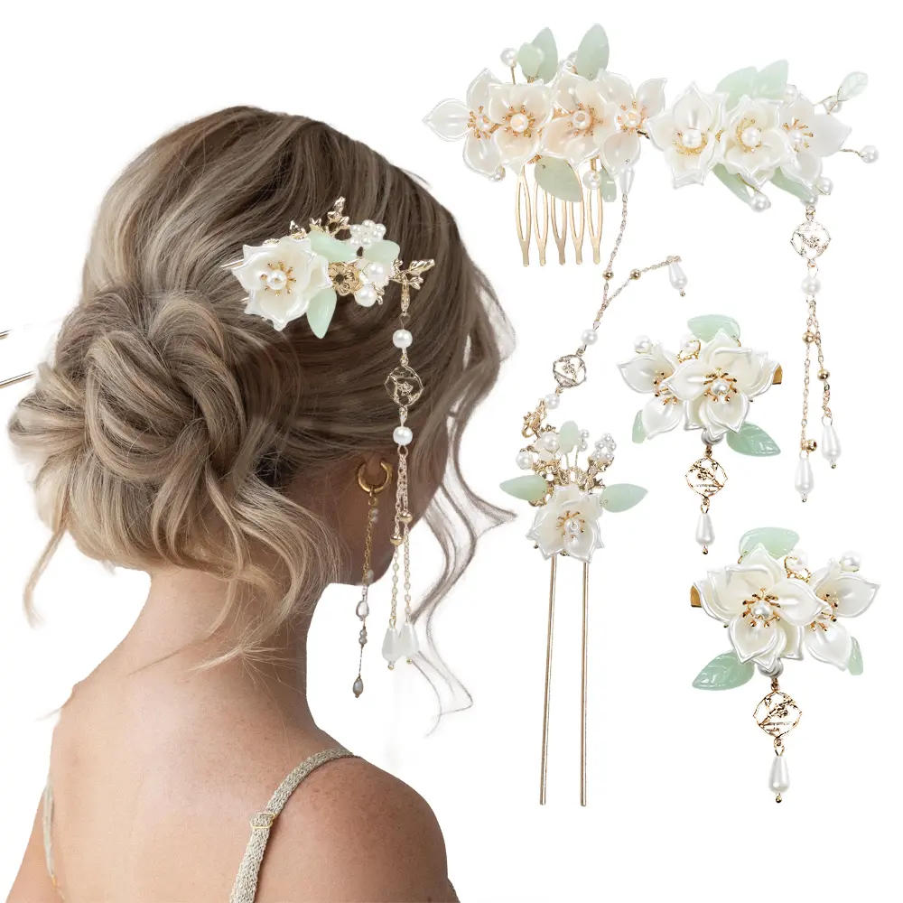 5 PCS Camellia Flower Tassels Hairpin, Crystal Rhinestone Pearl Hair Clips Headpiece Retro Chinese Hanfu Wedding Brides Hair Accessories Korean Jewelry for Women Girls Updo Long Hair