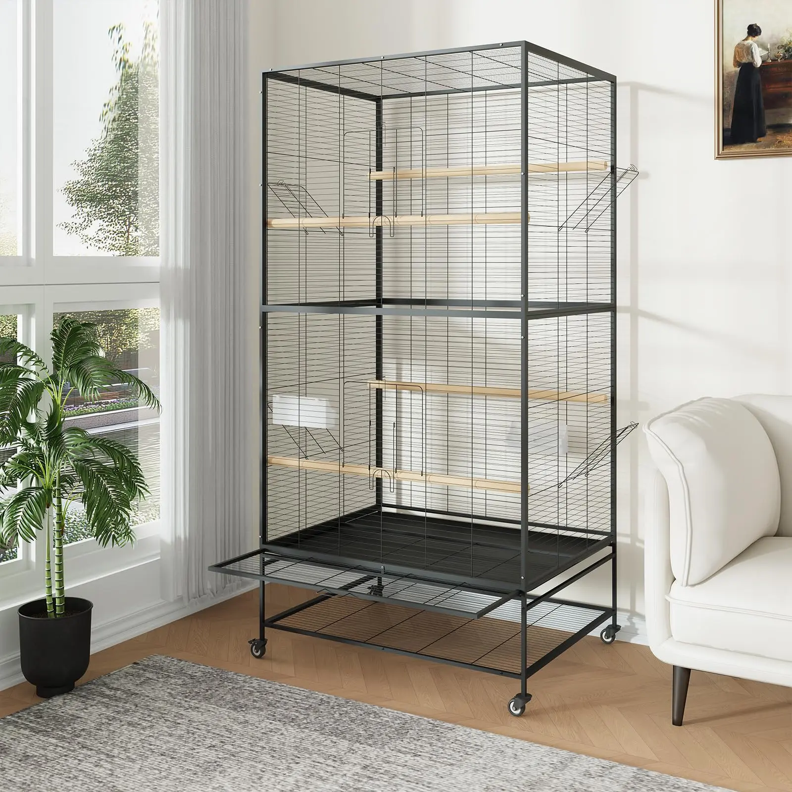 66-Inch H Carbon Steel Extra Large Flat Top Mobile Bird Flight Cage with Rolling Wheels, Rolling Stand, Mesh Bottom Grid, Removable Tray, Storage Shelf, Decorative Display, Easy Feeding, Quick Cleaning for Parakeets, Hammered Paint Finish