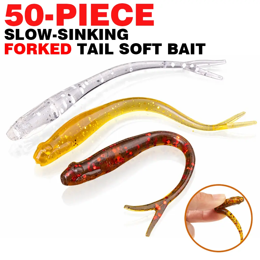 50Pcs Soft Fishing Lures for Bass, 3.3" Forked Tail Jerkbaits, Slow Sinking Swimbaits Soft Plastic Baits with Tackle Box