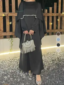 Elegant Pearl Pendant Cape Dress Set with Belt, Round Neck Fashion Abaya Long Robe, Stylish One-Piece for Women, Muslim Evening Dress, Muslim Women Gowns