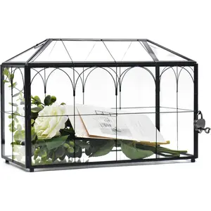 LargeBlack and Glass Card Box for wedding with Lock and Slot - Wedding Envelope Card Holder for Reception Clear Lock Box with Key Geometric   Card Box for Wedding Party (Large-Black)