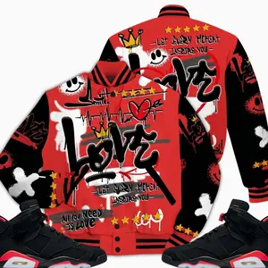 Retro 6 Infrared Varsity Jacket, Black Infrared 6s Outfits, Happy Love Beats Graffiti Outfits Streetwear Unisex Sneaker Matching Shirts