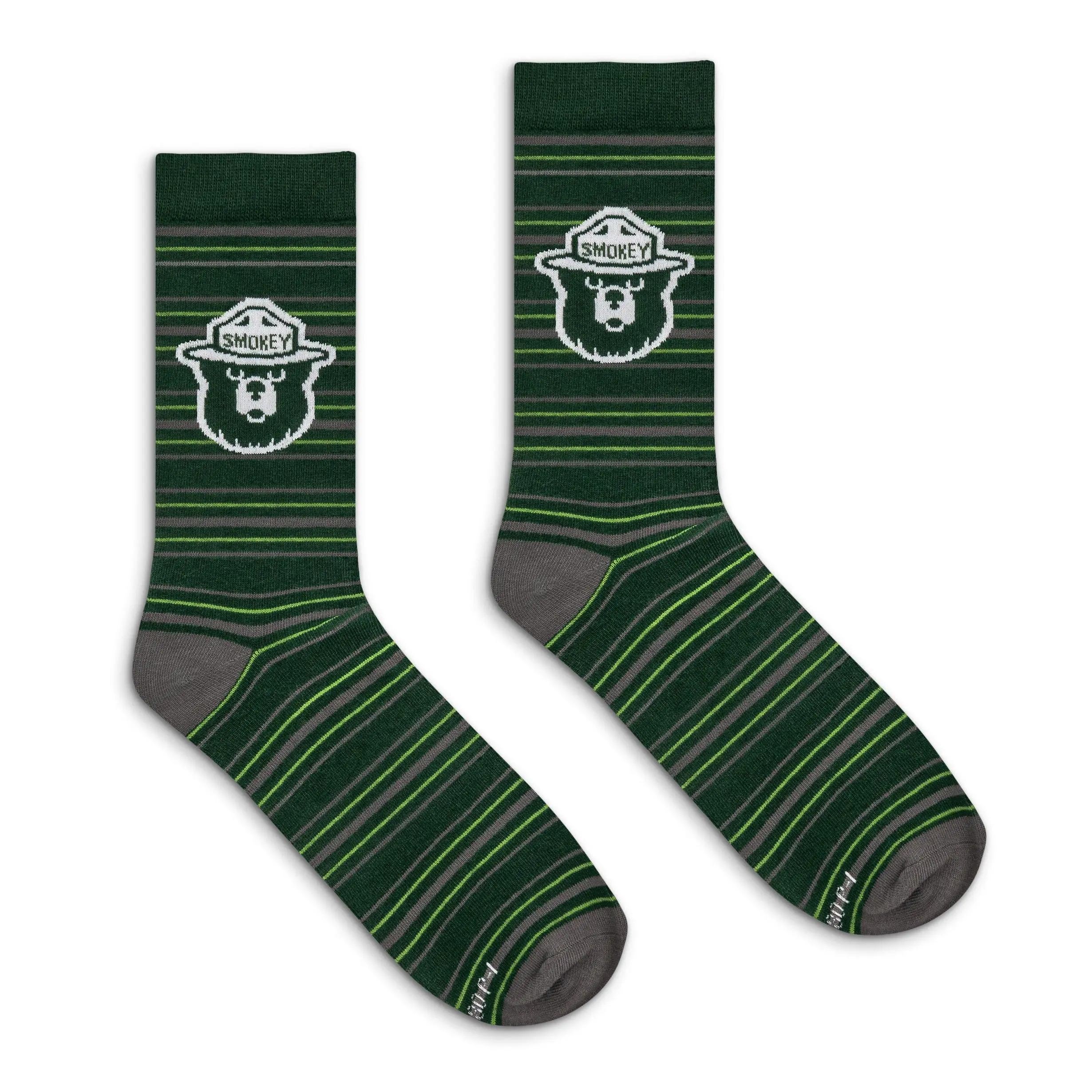 Smokey Bear Animal Mascot Striped Crew Socks - Green/Gray