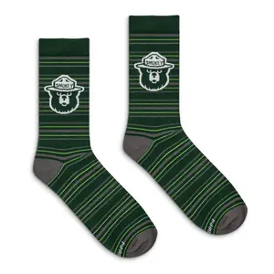 Smokey Bear Animal Mascot Striped Crew Socks - Green/Gray