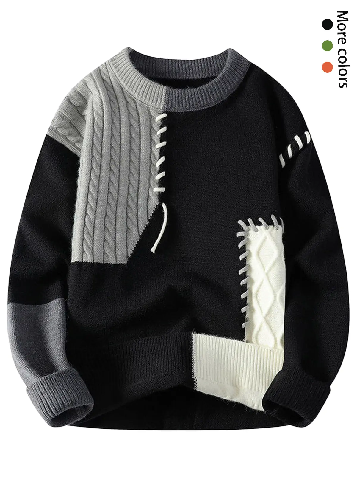 Men's Patchwork Cable Knit Sweater, Loose Fit Straight Cut Crew Neck Long Sleeve Pullover, Soft College Casual Vintage Y2K Fall Winter Knitwear
