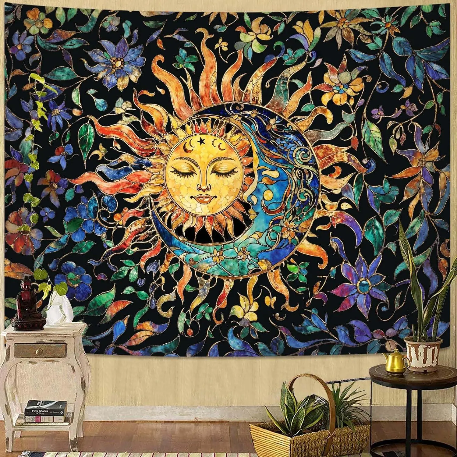 Aipon Sun and Moon Tapestry for Bedroom Boho Hippie Floral Wall Tapestry Aesthetic Vintage Stained Glass Plant Small Tapestries Wall Hanging for Living Room Dorm 48 x 36 Inch Decor Gift Flower Window