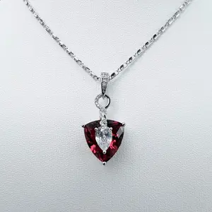 (SetY) Silver Red Heart Gemstone Pendant and Earrings Set for Women
