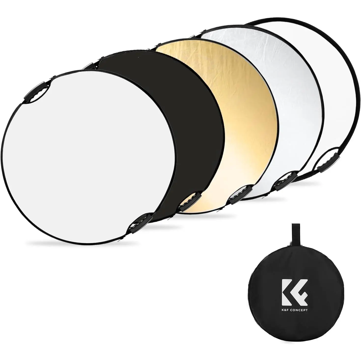 K&F CONCEPT 32 in (80cm) Handheld 5-in-1 Durable Photography Light Reflector with Grips & Storage Bag, Collapsible Portable Diffuser Cover, Camera Accessory for Studio, Outdoor Lighting (Gold, Silver, White, Black, Translucent)