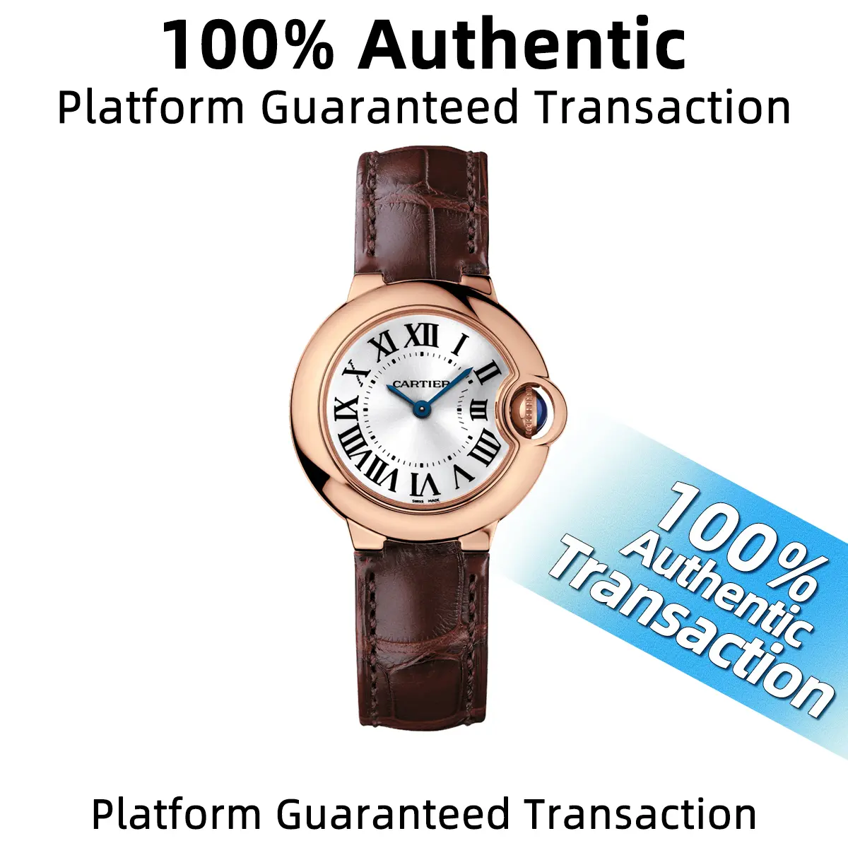 Cartier Ballon Bleu 28mm W6900256 Quartz 18K Rose Gold Silver Opaline Dial Brown Leather Strap Ladies Watch WHP041120/WHP041538