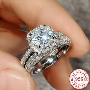 2Pcs/set Dazzling Women's Fashion Wedding Band Engagement 925 Sterling Silver Ring Set Party Birthday Anniversary Christmas Gifts for Women Girlfriend Fine Jewelry Size 5-11#