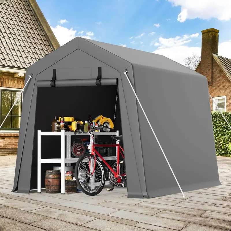 Gaomon 6'x8' Outdoor Portable Metal Building Shed - Heavy-Duty Steel Garage with Steel Poles, All-Weather PE Cover, Water Resistant Rainproof Sunproof Roof, 2 Roll-Up Doors for Bike/Motorcycle Storage, Year-Round Use