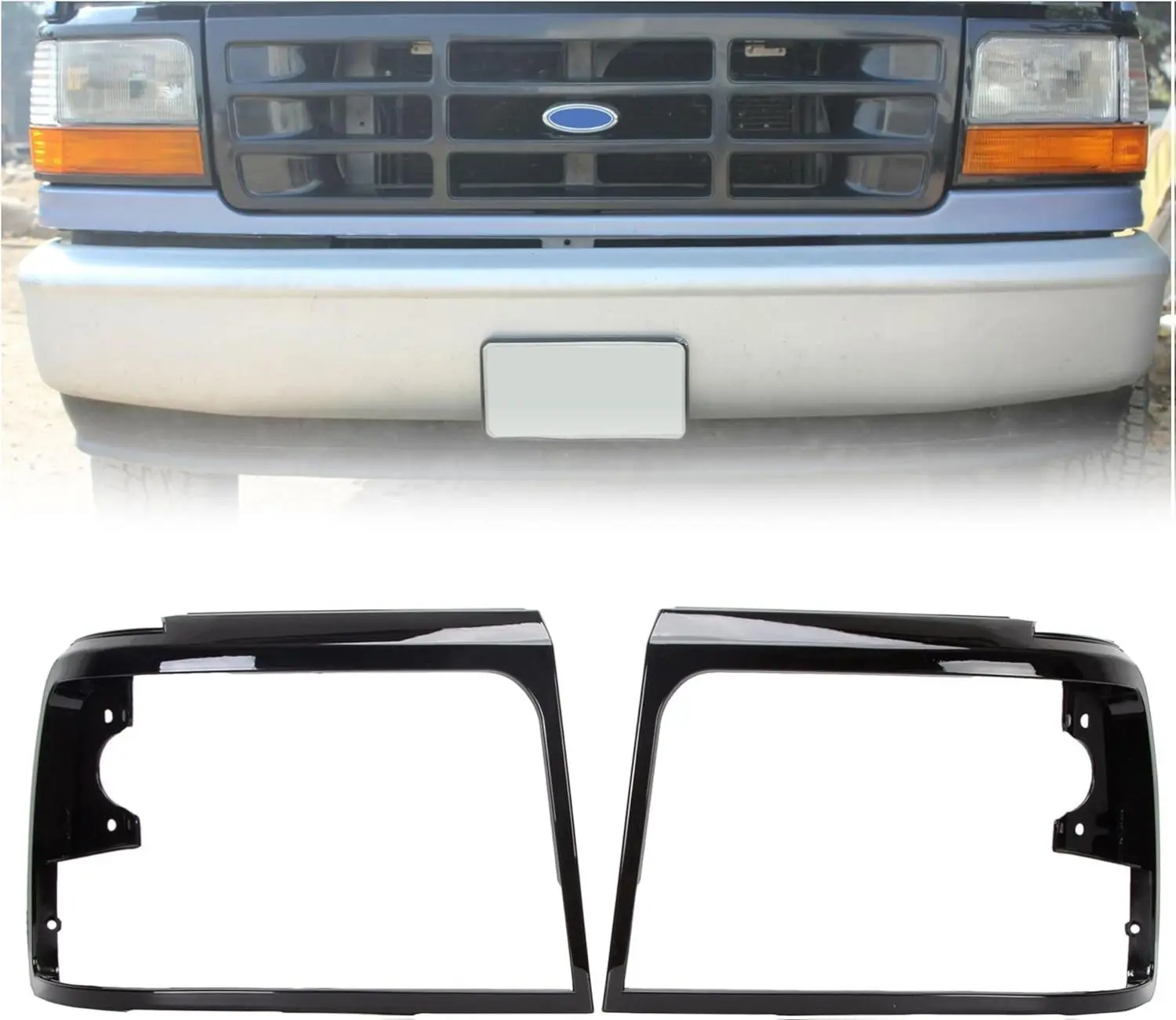 HECASA Black Front Mount Headlight Bezels Trim Pair Set - Automotive No-Replacement Headlight Covers, LH&RH Headlamp Doors Compatible with 1992-1996 Ford Bronco F150 & 1992-1997 F250 F350 F450 Trucks