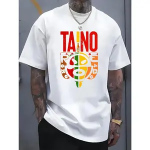 Men'S TAINO Totem Print Short Sleeve T-Shirt - 100% Cotton Breathable Regular Fit Casual Tee with Vibrant Tribal Design for Summer, Travel & Daily Leisure, Summer Outfit, Cultural Style, Soft Texture, Print Shirt, Summer Wardrobe