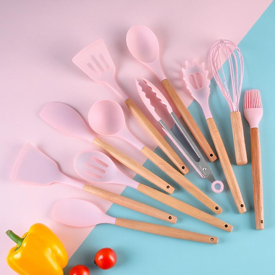 Love atFirst Find19-Piece Kitchen Knife Set with Heat-Resistant Silicone Cutlery & Wooden Handles - Includes Chef Knife, Non-Stick Compatible Tools, Easy to Clean - Ideal Gift for Women on New Year, Valentine's Day and More Cookware Kitchenware White Pink