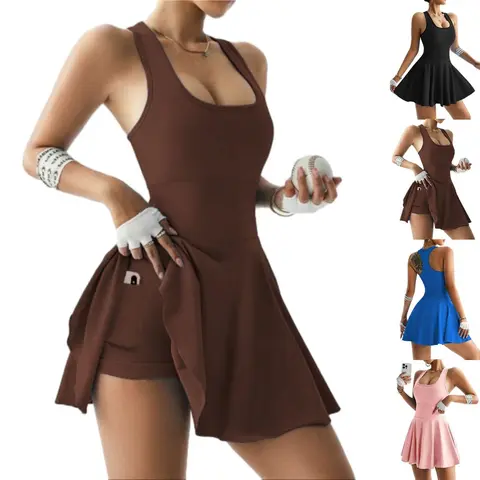 Women'S U-Neck Tennis Dress Workout Wear with Built-In Shorts Sportswear for Workout Clothing, Sporty Style, Comfortable Fit