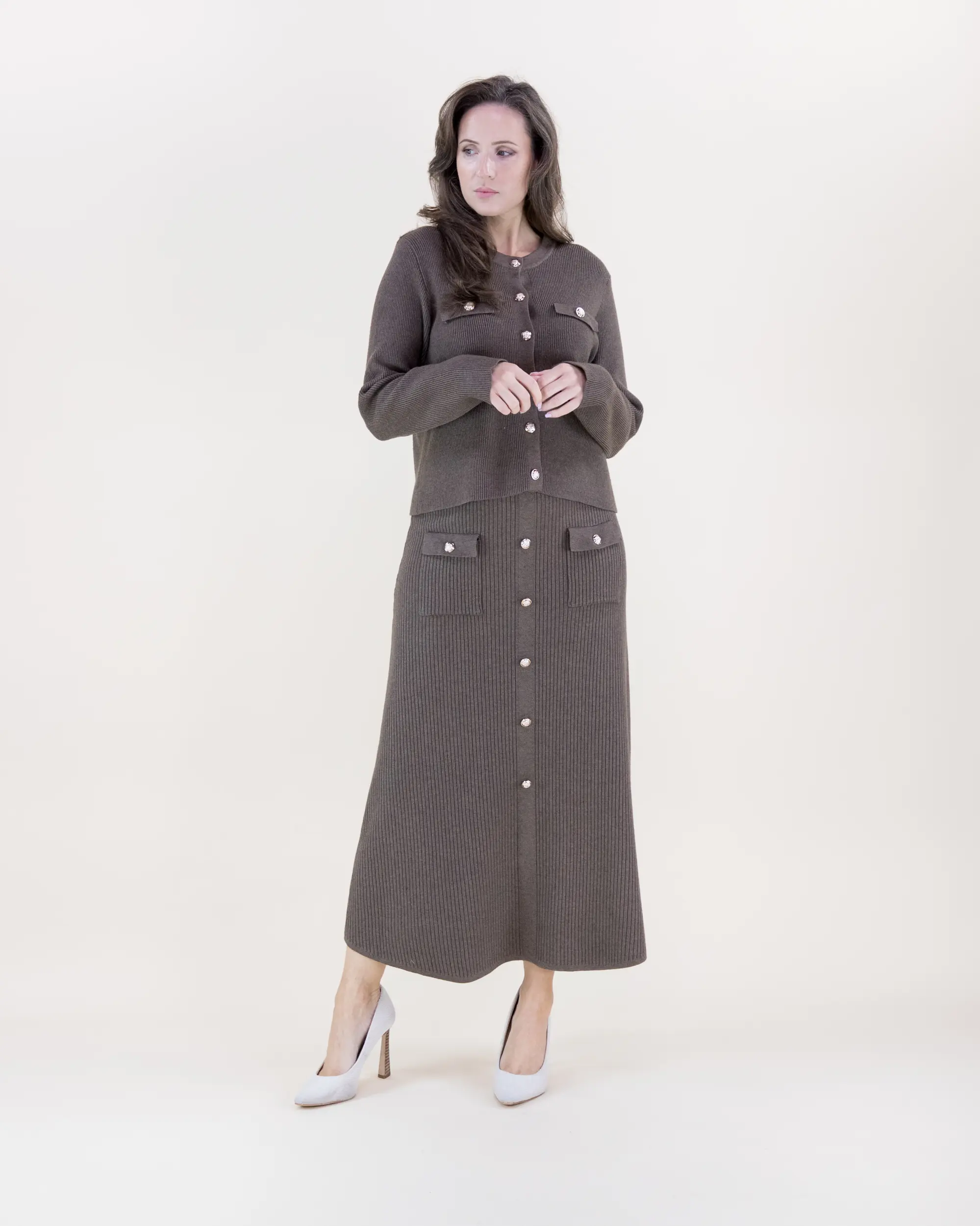 Elegant Two-Tone Ribbed Patch Pockets Boxy Cardigan & Ribbed Faux Buttons Knitted Midi Skirt Womenswear Clothes Casual Long Sleeve