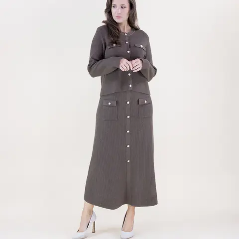 Women’s Ribbed Knit Button Cardigan & Midi Skirt, Purchase Options: Top, Skirt or 2-Piece Matching Set, Elegant Fall Winter Outfit