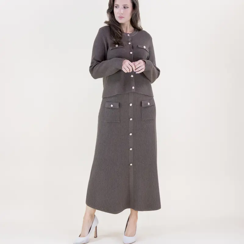 Women’s Ribbed Knit Button Cardigan & Midi Skirt, Purchase Options: Top, Skirt or 2-Piece Matching Set, Elegant Fall Winter Outfit
