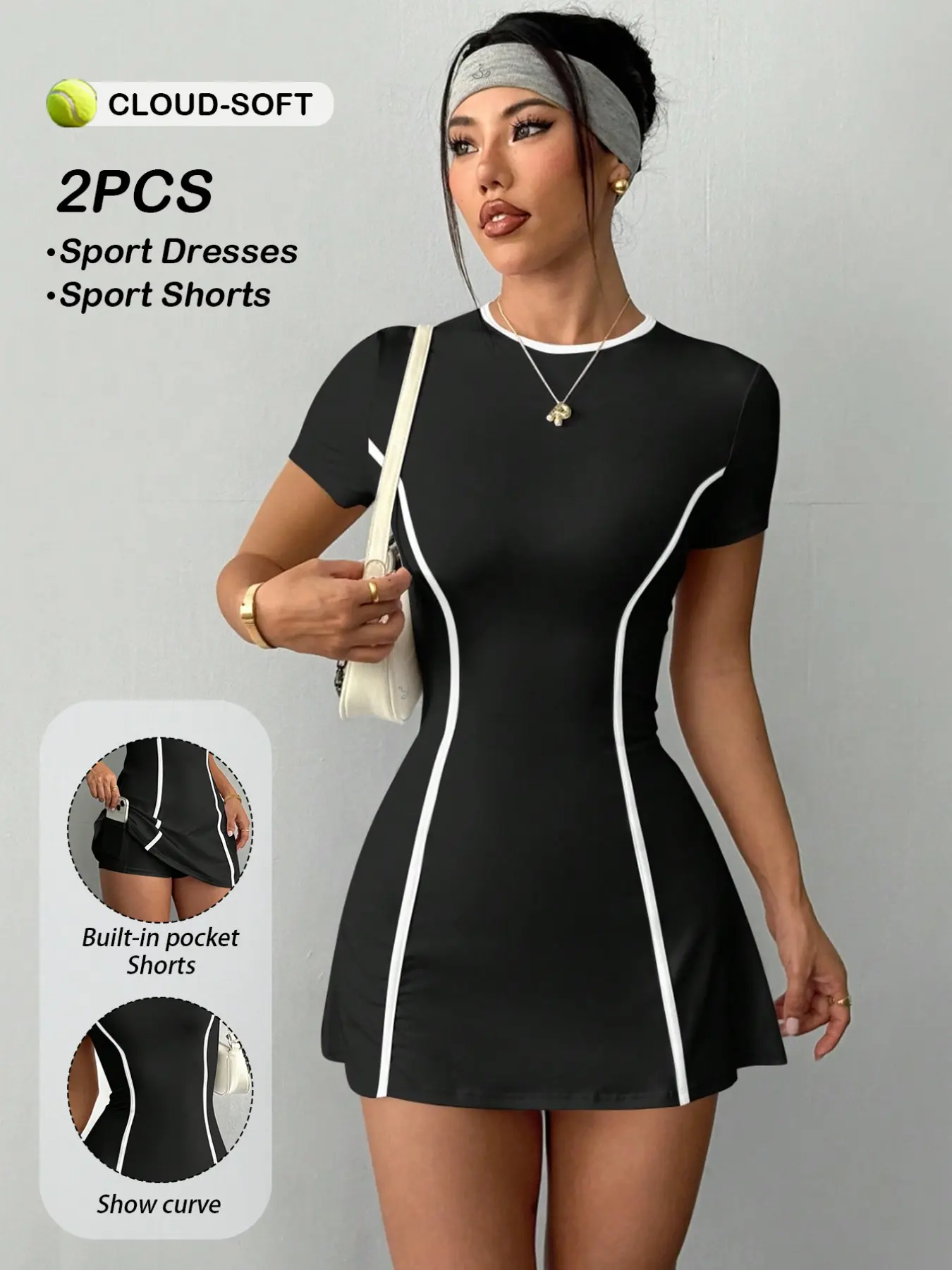 Women's Tennis Workout Dress, Black & White Contrast color design Slim Fit Short Sleeve Sports Dress Women's Tennis Workout Dress, Black & White Contrast color design Slim Fit Short Sleeve Sports Dress