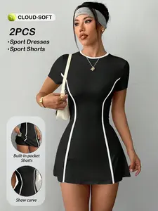 Women's Tennis Workout Dress, Black & White Contrast color design Slim Fit Short Sleeve Sports Dress With Shorts and Functional Pockets, Tummy Control Tennis Dress, Athletic Tennis Dress, Ideal For Indoor And Outdoor Sports or Daily Casual Wear .