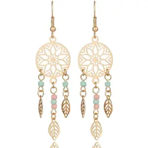 Blue Turquoise Dream Catcher Feather Earrings for Women Vintage Bohemian Western Jewelry Native American Indian Dream Catcher Feather Dangle Earrings