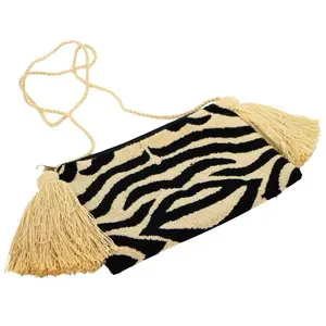 Handmade Zebra Print Clutch with Tassels and Rope Strap for Elegant Events