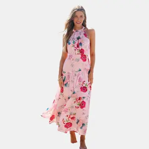 Cupshe Women's Floral Halter Neck Tiered Ruffle Maxi Wedding Guest Dress-S-Pink