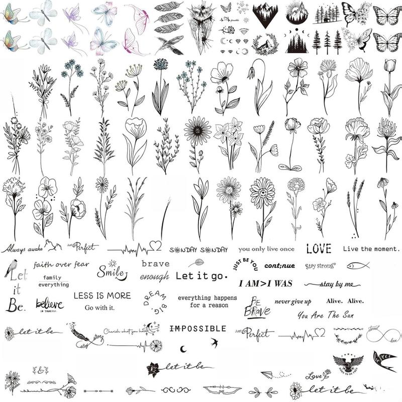 100 Sheets Realistic Temporary Tattoos, 240+ Pcs Multicolor Modern Floral & Inspirational Words Tattoos, Waterproof, 3+ Kids
