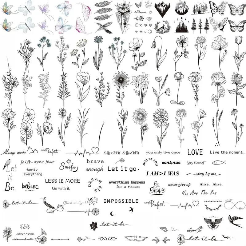 100 Sheets Realistic Temporary Tattoos, 240+ Pcs Multicolor Modern Floral & Inspirational Words Tattoos, Waterproof, 3+ Kids