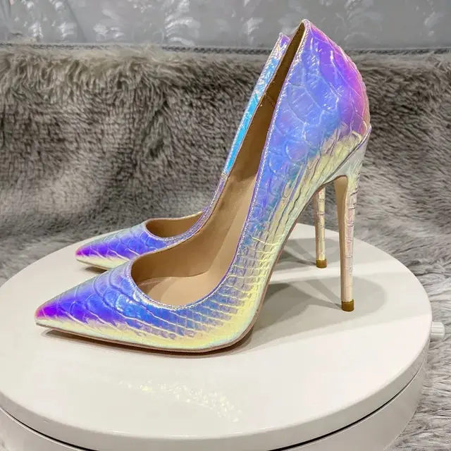 Shiny Silver Crocodile Effect Pointy Toe Stiletto Pumps