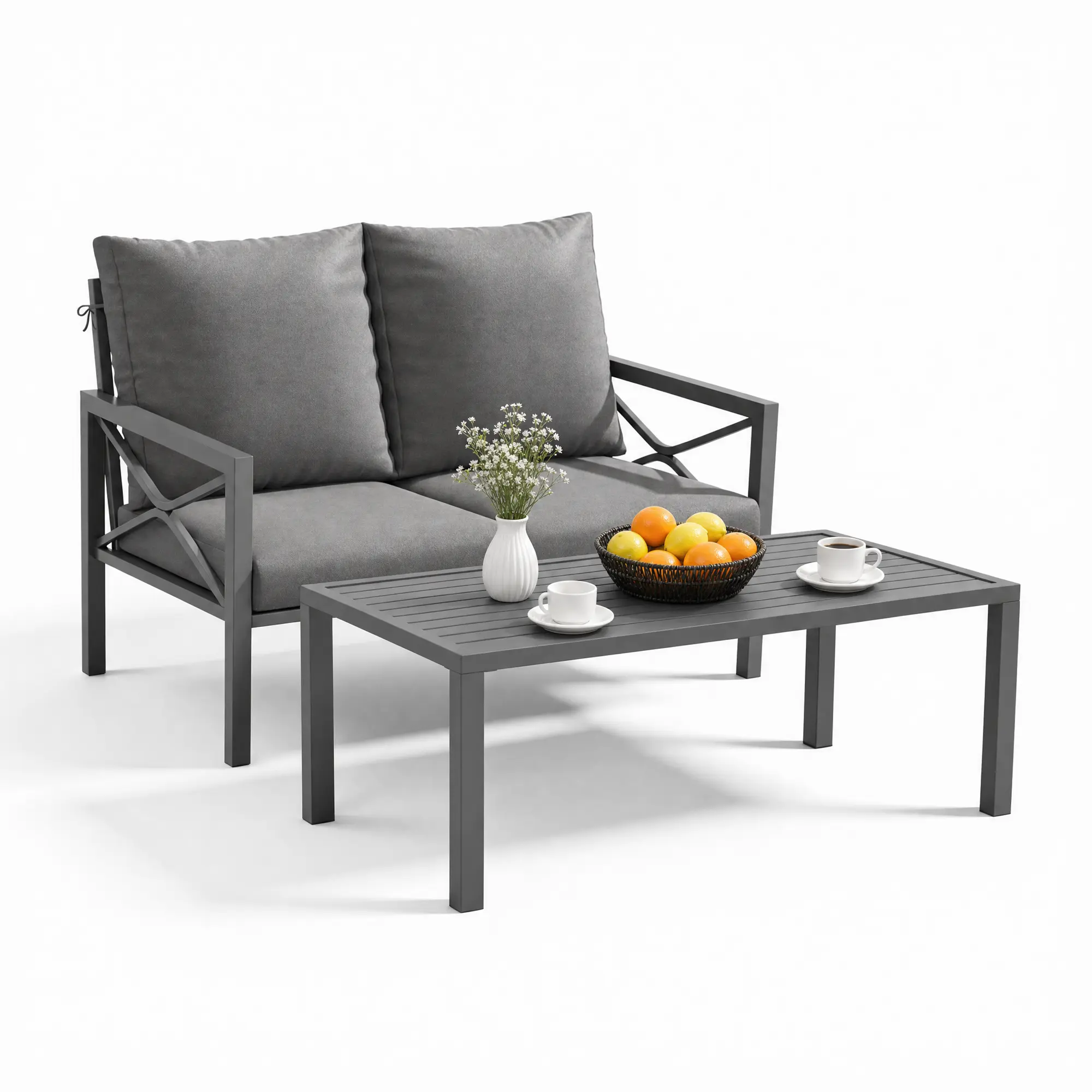 Jonpony 2-Piece All-Weather Metal Outdoor Patio Furniture Set, Cushioned 2-Seat Loveseat Sofa Bench with Supporting Arms & Coffee Table, Heavy-Duty Steel Frame, Washable Cushions for Backyard Garden (Grey), Patio Furniture Sets