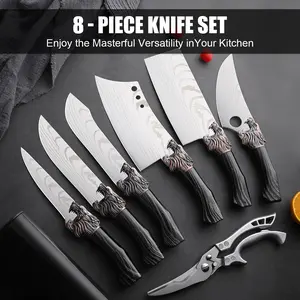 8 piece set of professional kitchen chef knives, handmade forged stainless steel chef knife, multi-functional knife, boning knife, extremely sharp kitchen scissors, fish cutting knife, and butcher knife. Mother's Day gift. Block Meat