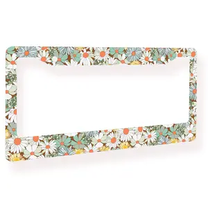 Aluminum License Plate Frame - Cute Daisy Design, 2-Hole Auto Car Tag Holder, 12.3x6.3 Inch Novelty License Plate Cover, License Plate Frames