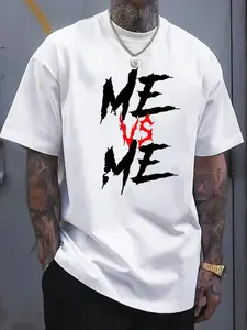 Me Vs Me Motivational Graphic Oversized, Casual Loose Sleeve Cotton T-Shirt for Men Y2K Streetwear Bold Red VS Print Hip Hop Urban Fashion Breathable Soft Fabric Casual Daily Wear Workout Essential Gym Outfit Style, Casual Streetwear Looks