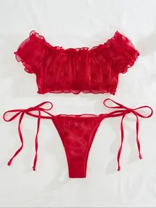 Women's Romantic Lace Embroidered High Waist Lingerie Set, Off-Shoulder Bandeau Top with Heart Design, Soft Comfortable Fit for Intimate Moments