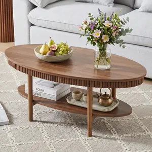 Giratree 39.4" Oval Coffee Table, Mid Century Modern Wood Coffee Table with Fluted Edge & 2-Tier Storage Shelf for Living Room, Apartment & Office
