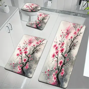 3pcs/4pcs Plum Blossom Bath Mat Set |   Flannel and Polyester Bathroom Mat with Toilet Seat Cover and U-Shaped Foot Mat