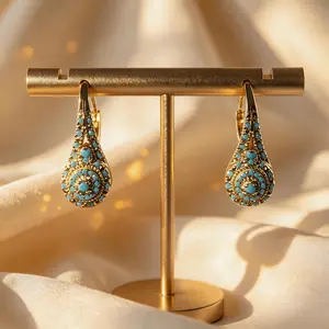 Women's Vintage Turquoise Inlay Gold Drop Earrings - Dainty Boho Teardrop Dangle, Minimal Everyday Gold Jewelry, Lightweight Elegant Gift, Western Cowgirl Style Non-Natural Crystal Earrings